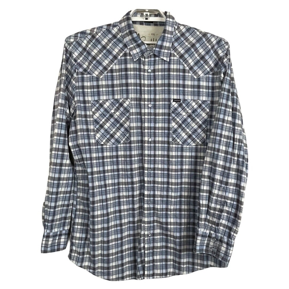 Bullhead Men's XXL Plaid‎ Shirt Blue Gray Snap Down Long Sleeve 100% Cotton